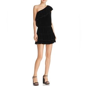 Joie Black Velour One Shoulder Ruffle Mini Dress.